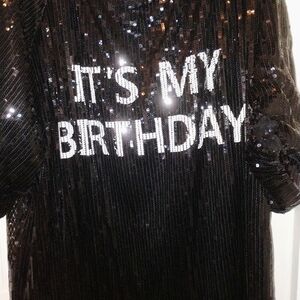 Black Sequin 'It's My Birthday' Blouse PTP 32" LENGTH 36"